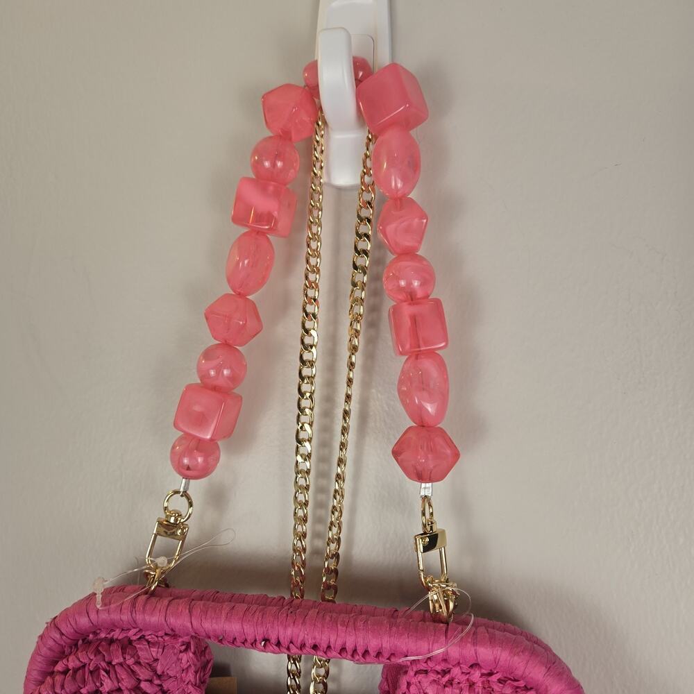 Hot Pink Woven Raffia Handbag Cross Body Chain NEW 12x7" Tropical Resort Coquett - Picture 3 of 9